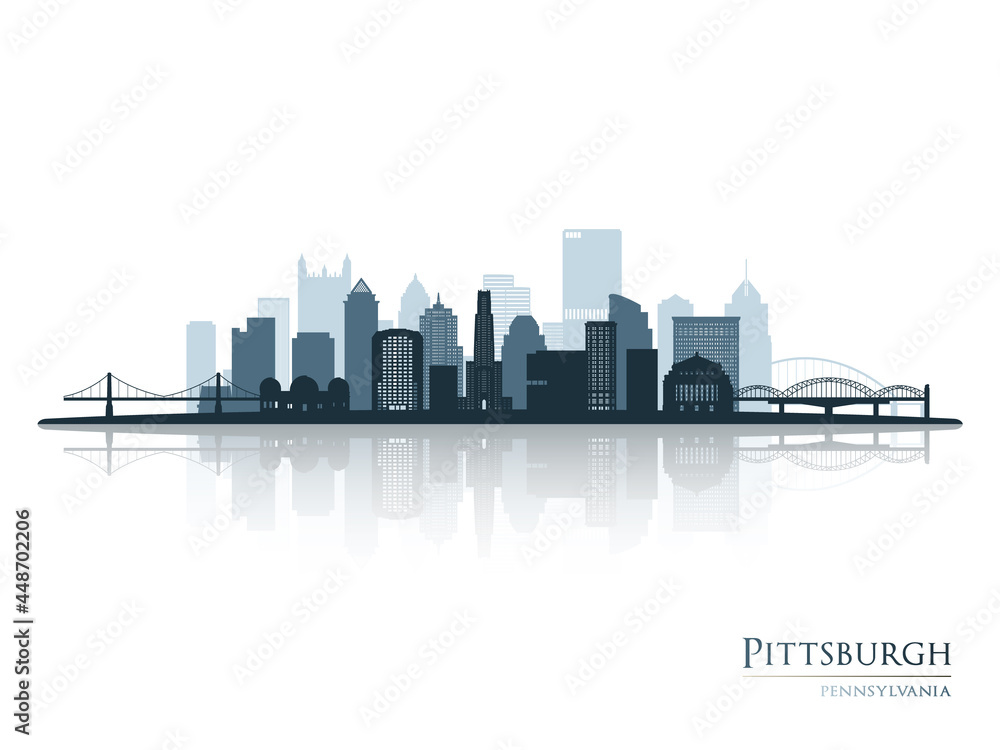 Pittsburgh skyline silhouette with reflection. Landscape Pittsburgh, Pennsylvania. Vector illustration.