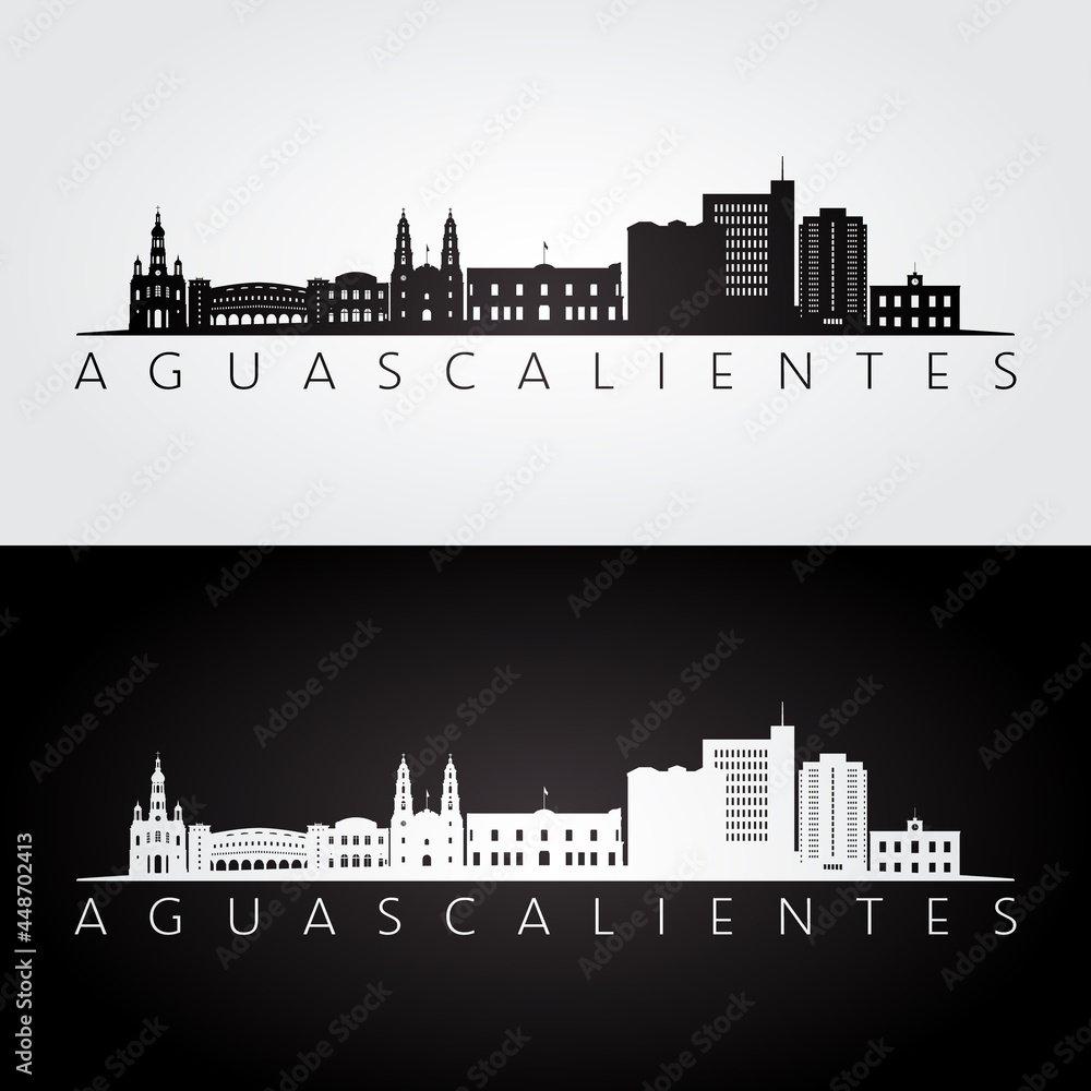 Aguascalientes skyline and landmarks silhouette, black and white design, vector illustration.