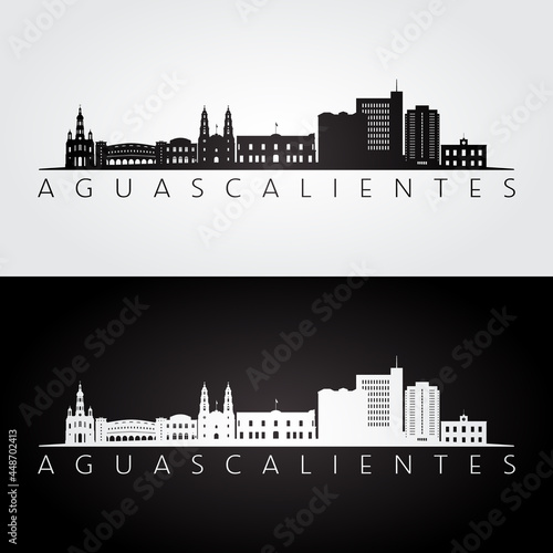 Aguascalientes skyline and landmarks silhouette, black and white design, vector illustration. photo