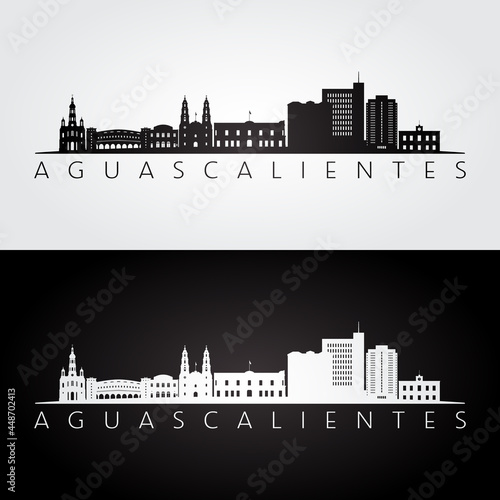Aguascalientes skyline and landmarks silhouette, black and white design, vector illustration.