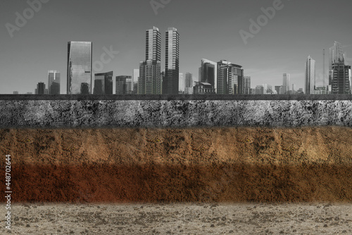 Photography Underground soil layer of cross-section earth with concrete on the top