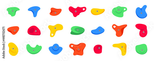 Set of climbing grips or holds in the gym bouldering training flat style design vector illustration set. Holds for the rock climbing walls. Crimps, jugs, pinches, slopers elements icon signs.