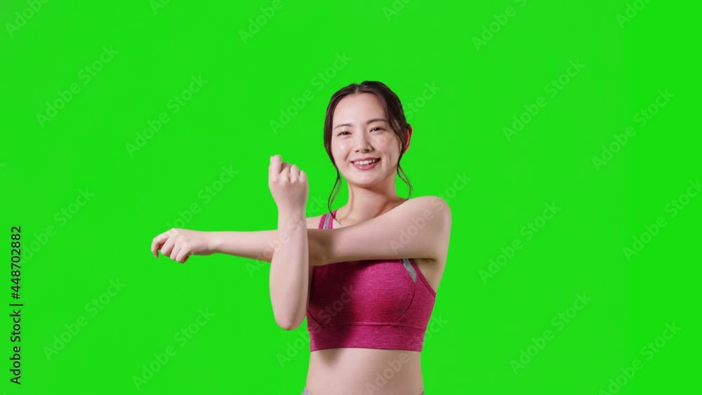 ストレッチする女性 クロマキー合成用グリーンバック ストレッチする女性 クロマキー合成用グリーンバック