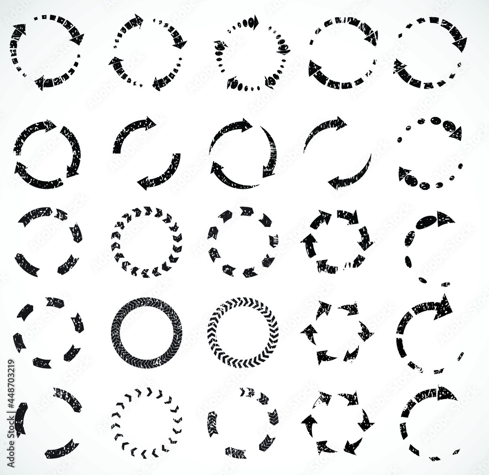 Set of grunge textured circular arrows. Reload , refresh vector sign 