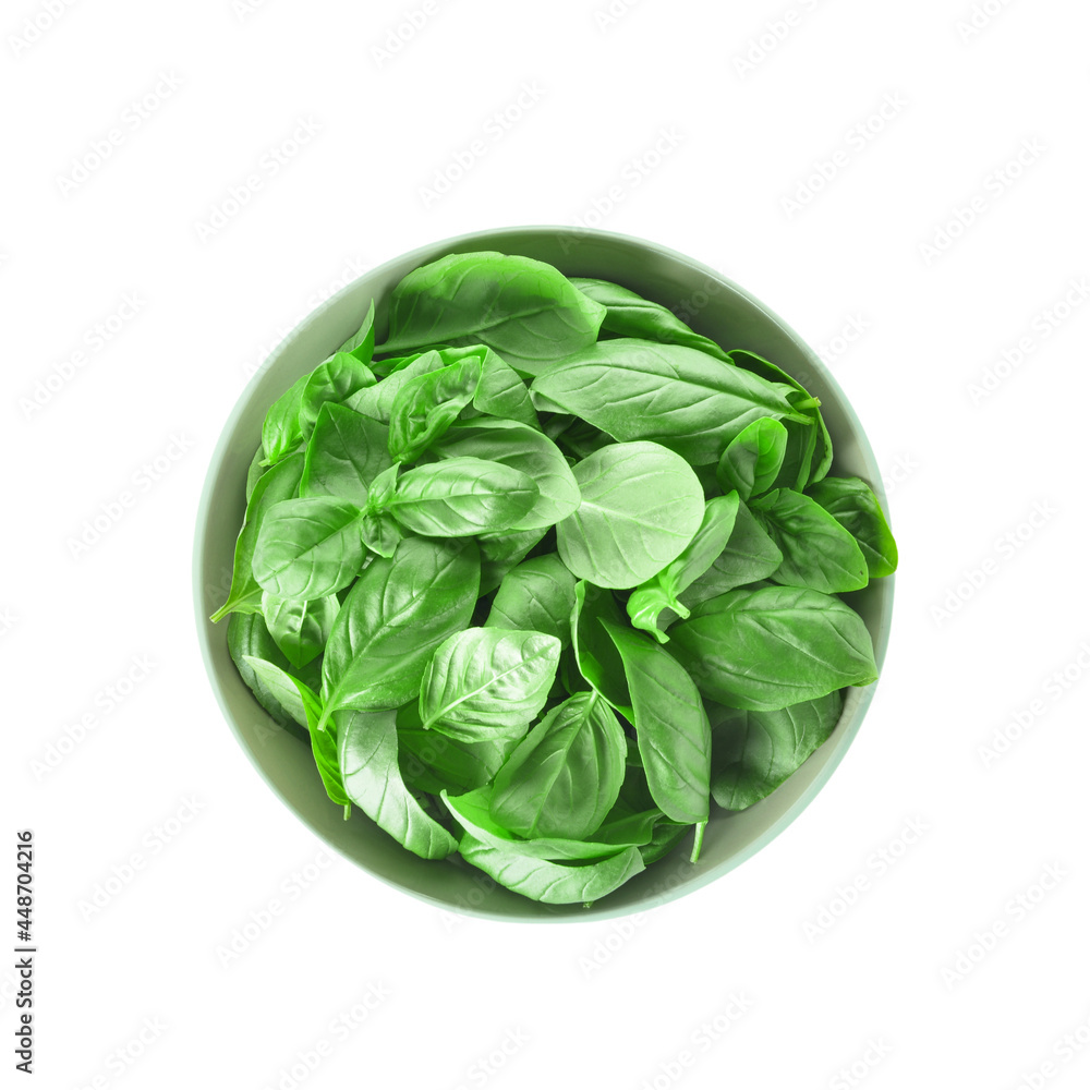 Bowl with fresh basil leaves on white background Bowl with fresh basil leaves on white background