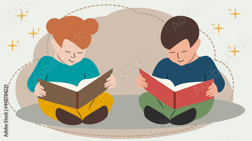 A boy and a girl reading printed books