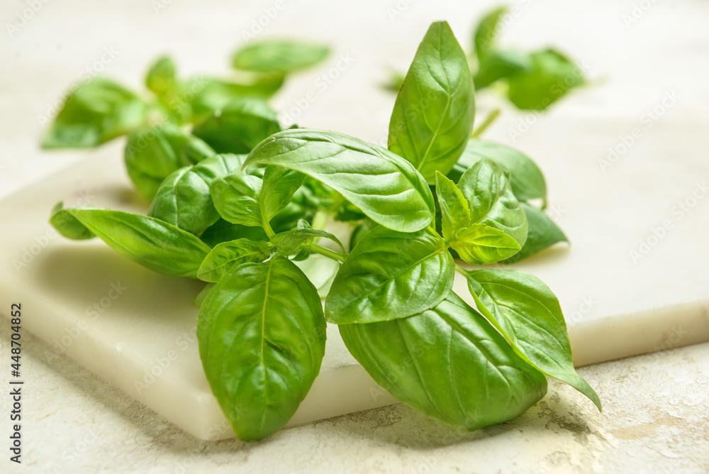 Board with fresh basil leaves on light background, closeup Board with fresh basil leaves on light background, closeup