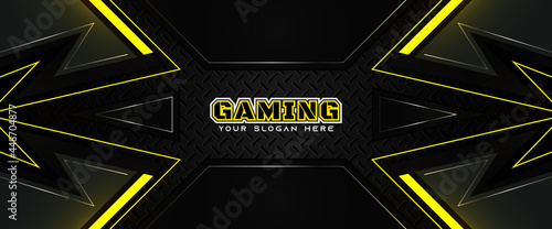 Futuristic yellow and black abstract gaming banner design with metal technology concept. Vector illustration for business corporate promotion, game header social media, live streaming background