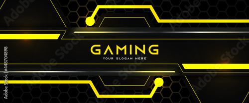 Futuristic yellow and black abstract gaming banner design with metal technology concept. Vector illustration for business corporate promotion, game header social media, live streaming background