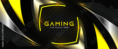 Futuristic yellow and black abstract gaming banner design with metal technology concept. Vector illustration for business corporate promotion, game header social media, live streaming background
