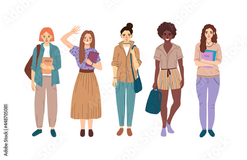Vector multicultural women students. Flat illustration. Young girls holding books and school bag isolated characters on white background.