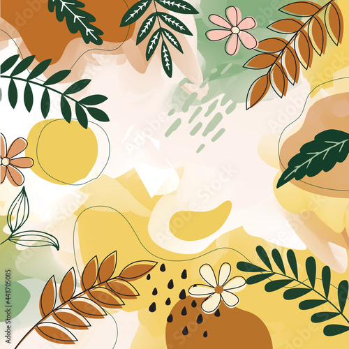 background for design. Colorful background with tropical plants. Place for your text.	