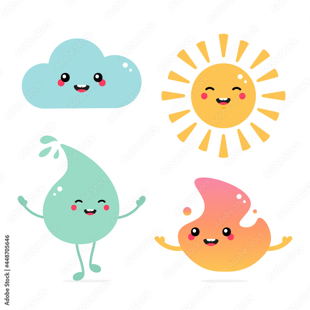 Set, collection of cute nature and weather related cartoon style characters. Smiling and happy sun, cloud, water drop, fire characters.
Set, collection of cute nature and weather related cartoon style characters. Smiling and happy sun, cloud, water drop, fire characters.