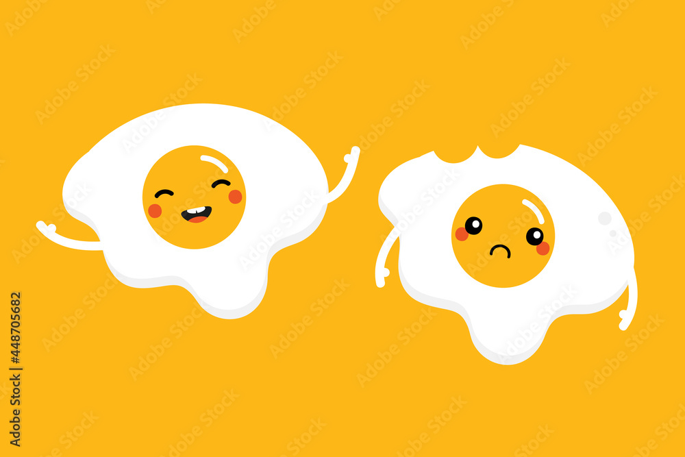 Couple of cartoon style fried egg characters cute and smiling and sad with bite mark for breakfast food design.
Couple of cartoon style fried egg characters cute and smiling and sad with bite mark for breakfast food design.