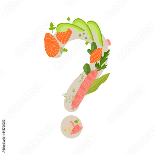  A question mark that is made up of food, vegetables, fish, sausage. The concept of the question of eating healthy, harmful and organic. Vector illustration in flat style. Isolate on white