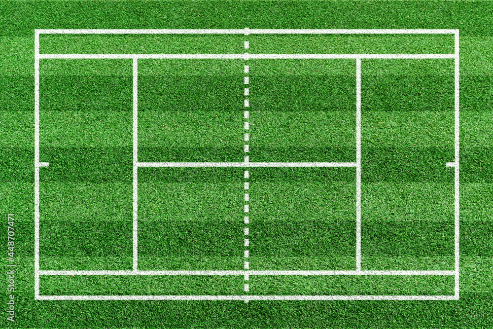 Tennis court with white line pattern. Green artificial grass sports field. Top view.
