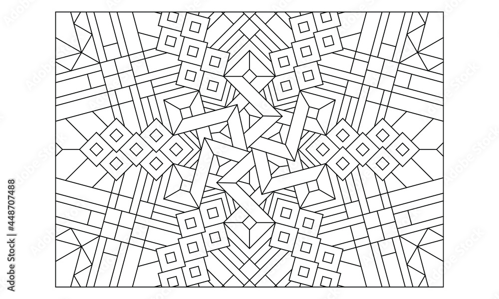 Landscape coloring pages for adults. Coloring-#228 Coloring Page of hexagonal mandala with variations in stripes pattern on the background. EPS8 file.