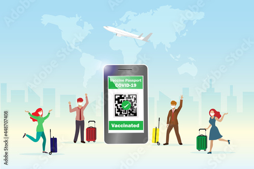 Covid-19 vaccine passport on smartphone with QR code immune certified for traveling. Man and woman with luggages feeling happy to travel.