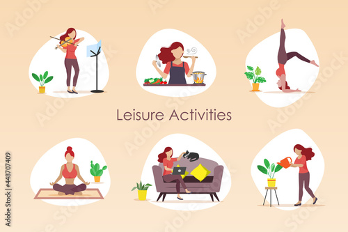 Woman with healthy lifestyle, fitness, meditation, yoga, cooking foods, planting and violin practicing in isolated scenes.