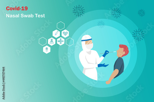 Doctor in PE suit using nasal swab stick on patient nose testing for Covid-19 coronavirus. Medical and healthcare, covid-19 test and diagnostic.