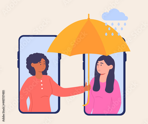 Young female character is cheering up sad friend over the phone. Concept of woman supports female with problems. Online therapy for people under stress and depression. Flat cartoon vector illustration