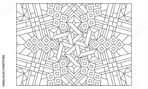 Landscape coloring pages for adults. Coloring-#228 Coloring Page of hexagonal mandala with variations in stripes pattern on the background. EPS8 file.