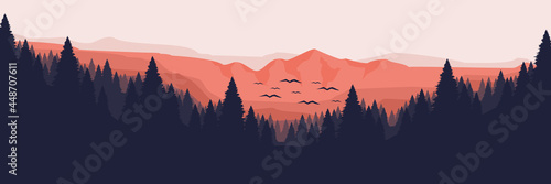 forest in mountain with bird silhouette vector illustration good for wallpaper, background, backdrop, web banner, web background and design template