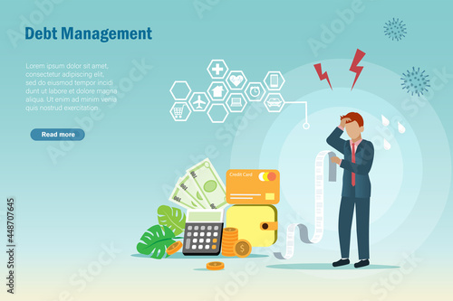 Debt management, debt stress. Frustrated businessman try to manage credit card bills and expenses spending with fixed income. photo