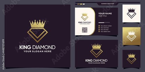 Creative diamond and crown logo with golden gradient style color and business card design