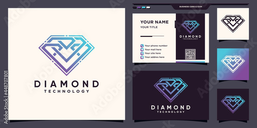 Creative diamond technology logo with modern line art style and business card deisgn