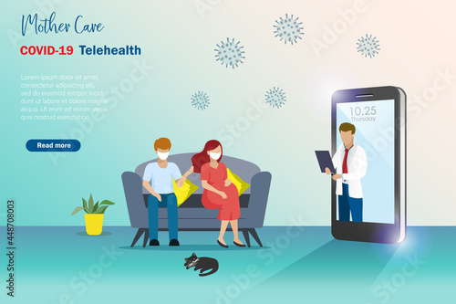 Virtual doctor, online hospital and consultation for pregnant health care during Covid-19 pandemic concept. Pregnancy wife and husband online consult with virtual doctor on smartphone application.