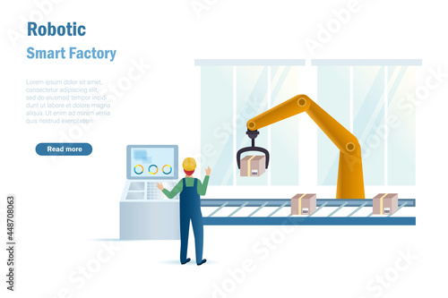 Technical engineer monitor and control rototics automation arms in production line. Smart factory using artificial intelligence technology to develop industry 4.0 concept.