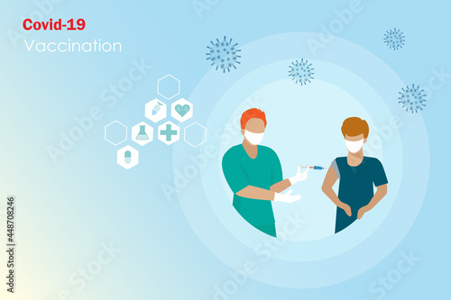 Doctor injecting covid-19 vaccine to man arm at hospital. Covid-19 coronavirus vaccination against pandemic to save people life, medical and healthcare concept.