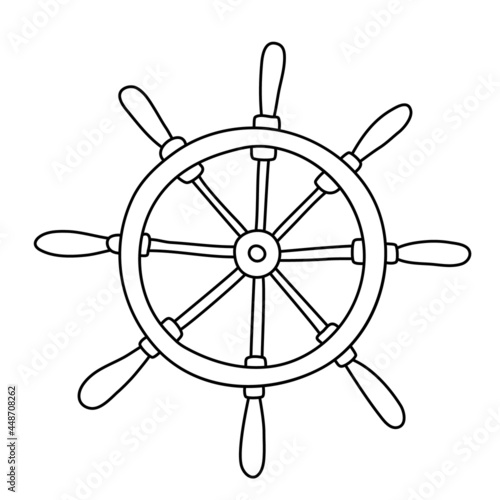 Ship wheel. Hand drawn vector illustration in doodle style on white background. Isolated black outline. Sea and ocean vessel theme. Great for kids coloring books