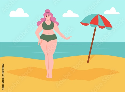 Young curvy woman on the beach. Body positive, self-love. Flat cartoon vector illustration