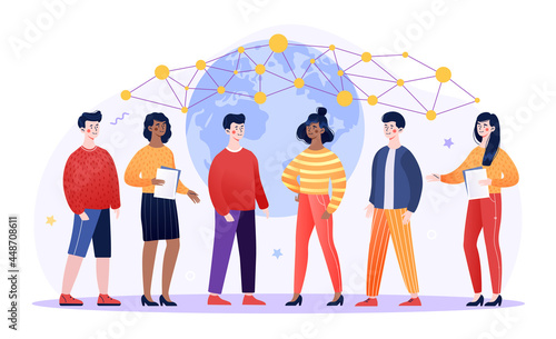 Educational theoretical knowledge of sociology concept with diverse multiracial multiethnic people. Sociology as human behavior study or society cognition. Flat cartoon vector illustration