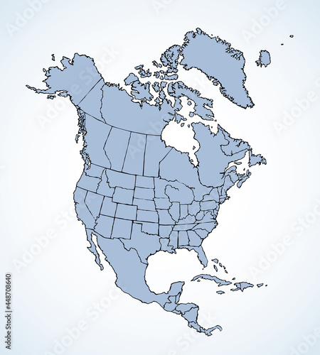 North American continent with contours of countries. Vector drawing