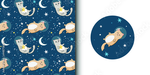 Seamless pattern and cartoon card for kid with cats astronauts on starry space background. Baby background for t-shirt print, packaging, wrapping paper, etc.