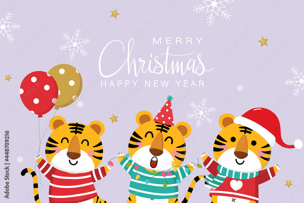 Merry Christmas and happy new year 2022. The year of tiger. Cute animal wear red and green winter costume. Holidays cartoon character. -Vector