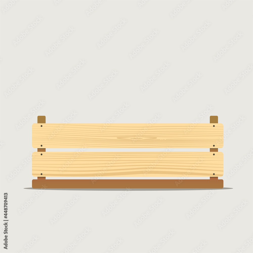 Vector illustration of wooden vegetable box with holes. Fruit drawer front view. Crate isolated on white background. Box for storage and transportation of food. Flat style design