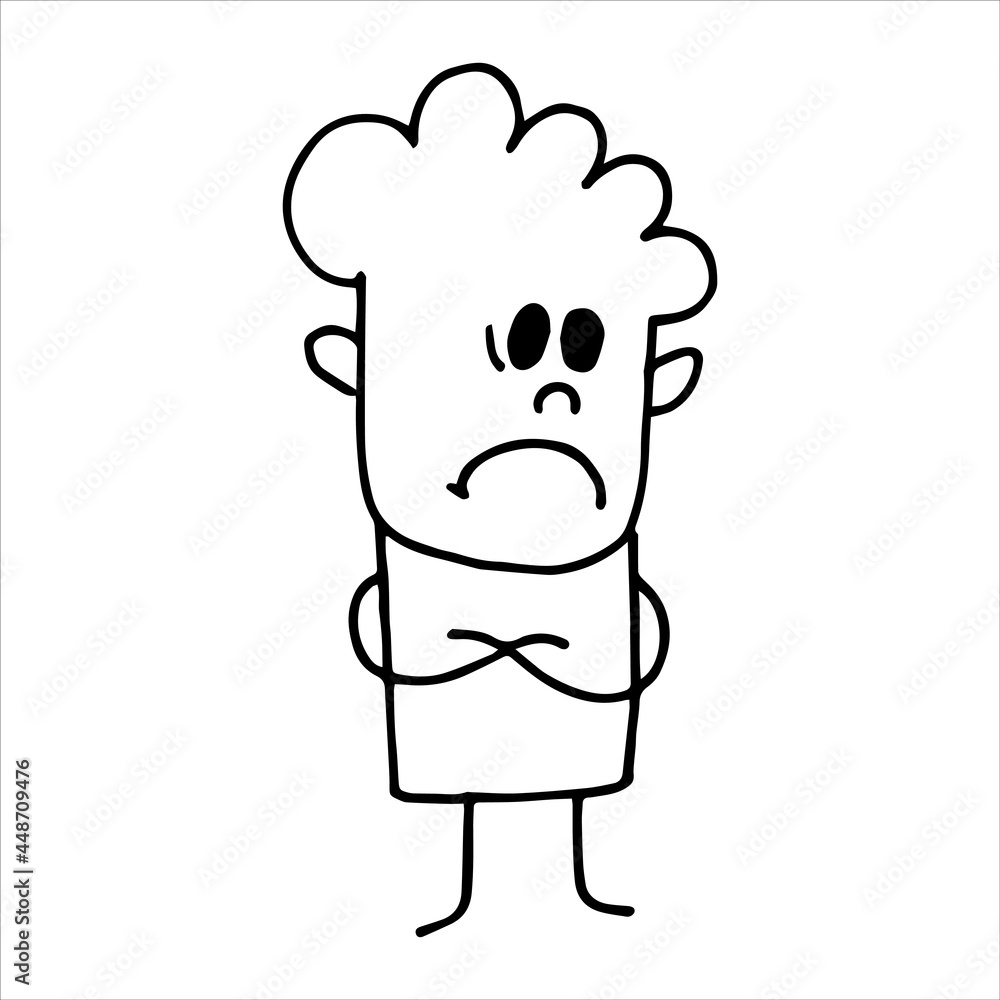 simple vector doodle style drawing. person, cute character. emotions sadness. sadness, discontent, resentment. isolated on white background.
