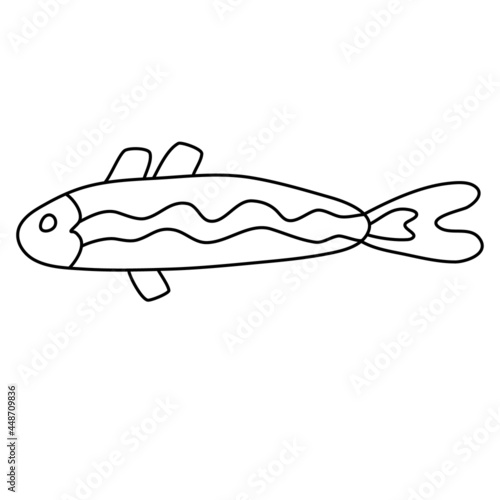 Cute elongated little fish. Hand drawn vector illustration in doodle style on white background. Isolated black outline. Sea and ocean animals theme. Great for kids coloring books.