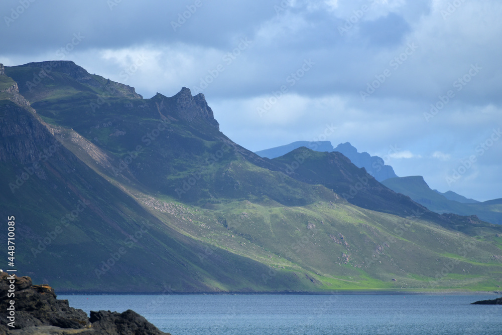 Quiraing range across Portree Bay from the Braes, Isle of Skye, Inner Hebrides, Scotland