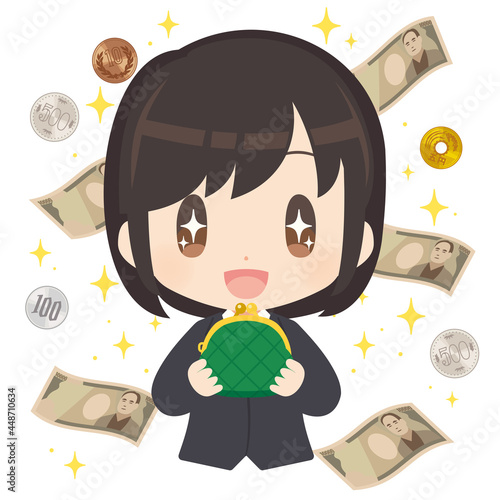 大金をバックにがま口財布を持つビジネスパーソンのイラスト