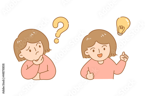 Cute doodle style girl in doubt and discovery action with question mark and lightbulb. Concept of curiosity, wondering, Q and A. Figure out cartoon icon. Flat vector illustration character.