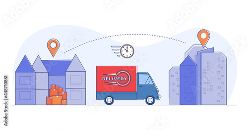 Fast delivery truck from store to home. Shop, delivery van and house. Concept of delivery linear route to make delivery faster. Flat cartoon vector illustration