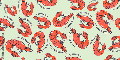 Seamless pattern, background, wrapping paper, illustration, postcard, print with colorful cute shrimps in vector