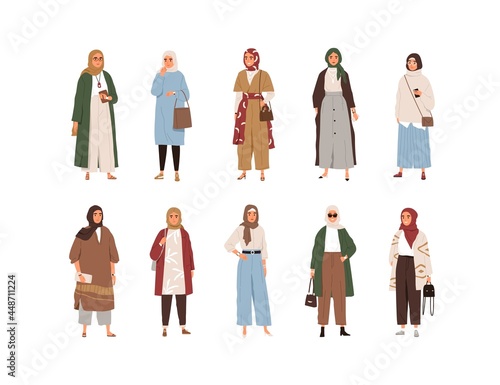 Set of modern Arabic women wearing fashion clothes. Arab Islamic females in trendy outfit with traditional headdresses. Flat vector illustration of stylish Muslim people isolated on white background