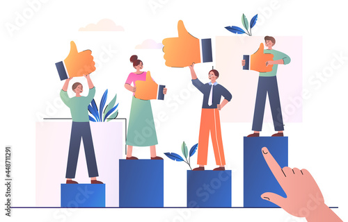 Male and female business colleagues are holding thumbs up together. Concept of hr employees performance evaluation and work improvement. Flat cartoon vector illustration