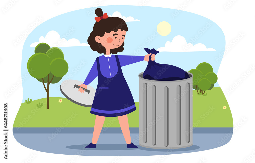 Little smiling girl is taking out the trash. Concept of kids doing